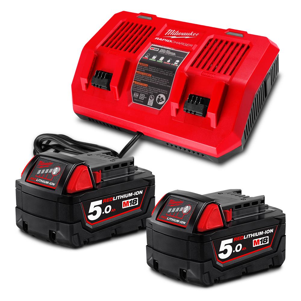 Milwaukee M18SPD502B 18V 5.0Ah Li ion Cordless RED LITHIUM Batteries M18B5 Dual Bay Rapid Charger M18DFC