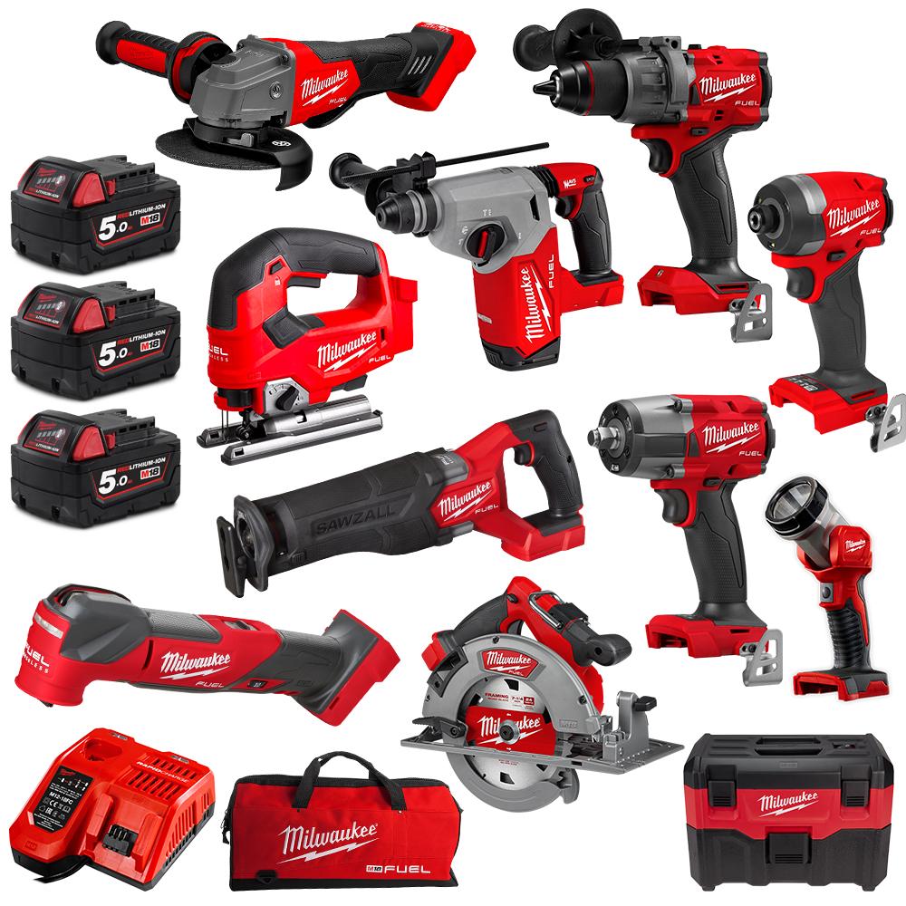 Milwaukee M18FPP11A3503B 18V 5.0Ah Li ion Cordless 11pce Combo Kit Power Pack Including Fuel