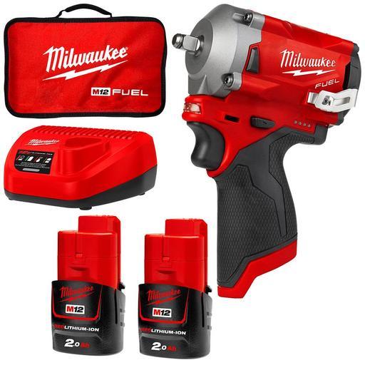 Milwaukee M12FIW38 202B 12V 2.0Ah Li ion Cordless Fuel Stubby 3 8 Impact Wrench Combo Kit