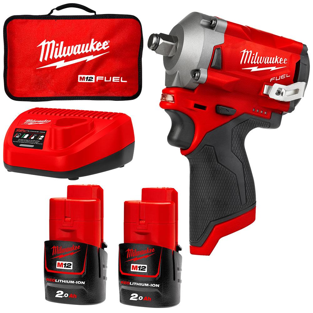 Milwaukee M12FIWF12 202B 12V 2.0Ah Li ion Cordless Fuel Stubby 1 2 Impact Wrench Combo Kit