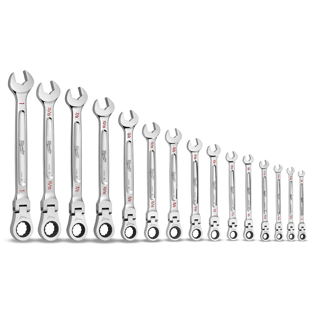 Milwaukee SAE Flexkopfschlüssel-Set – 15-teilig, 144 Ratschenpositionen, MAX BITE Griff